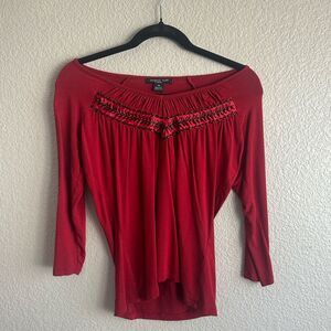 August Silk Red Embroidered 3/4 Sleeve Top Petite Medium